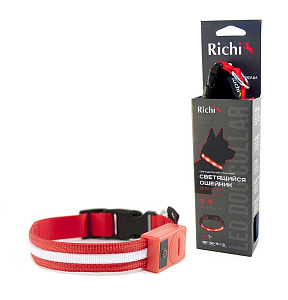Ошейник Richi 45-48см (L) LED USB красный светящийся, 3 режима, зарядка USB